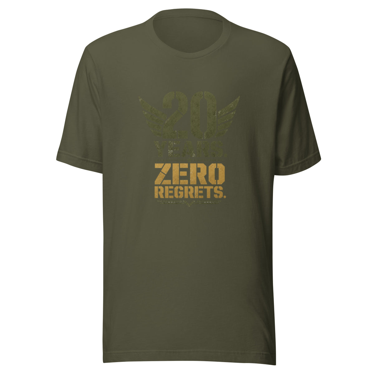 20 Years Zero Regrets T-Shirt in Military Green, front, Twenty & Out