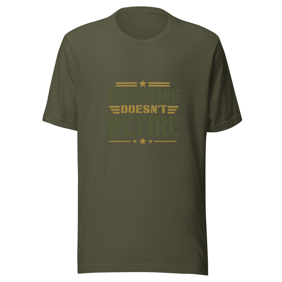 Discipline Doesn't Retire T-Shirt in Military Green, front, Twenty & Out