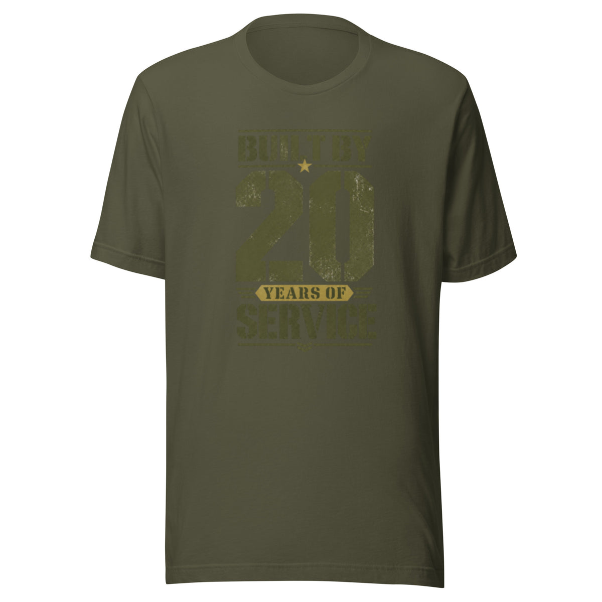 Built By 20 Years of Service T-Shirt in Military Green, front, Twenty & Out