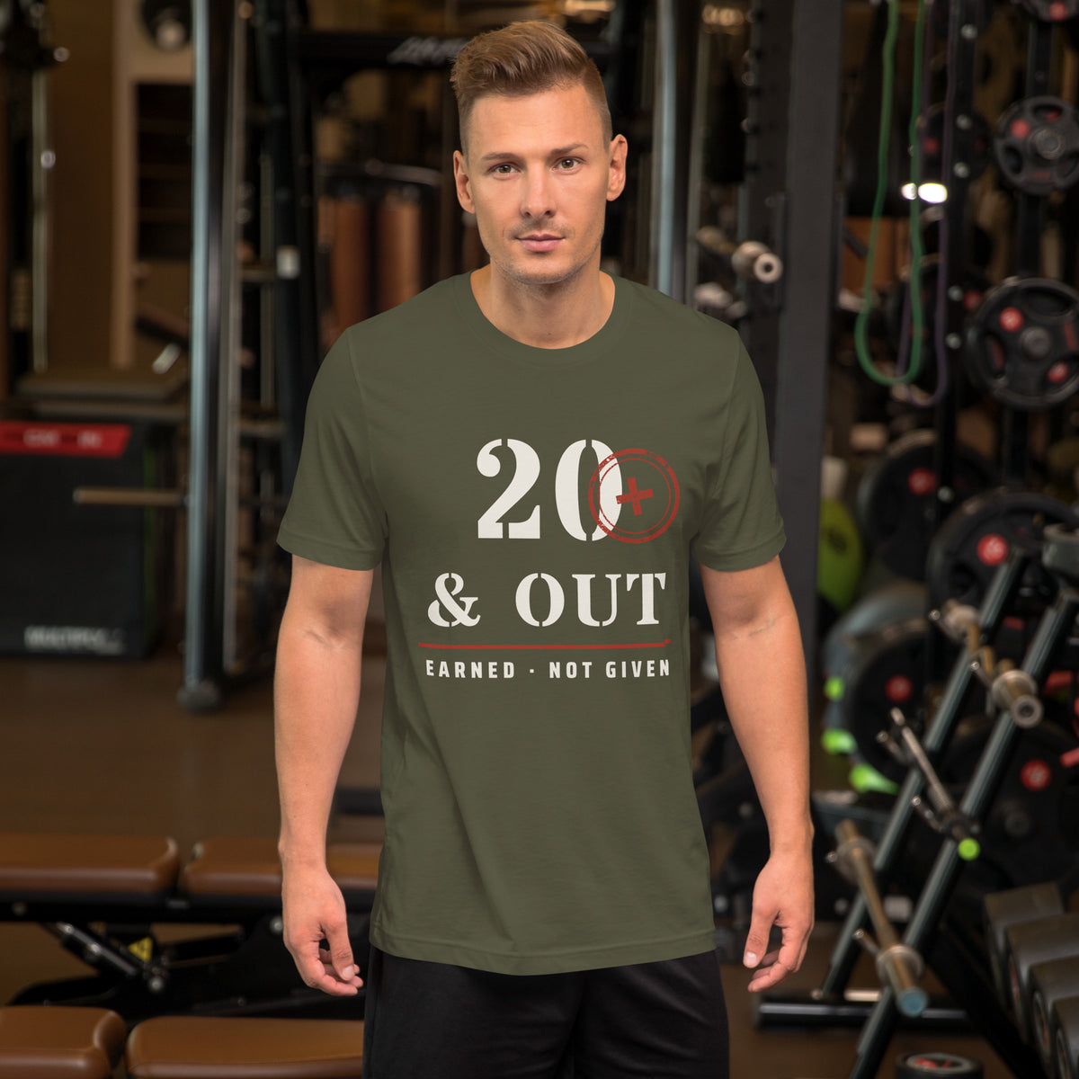 20 Plus & Out T-Shirt in Military Green, front, Twenty & Out