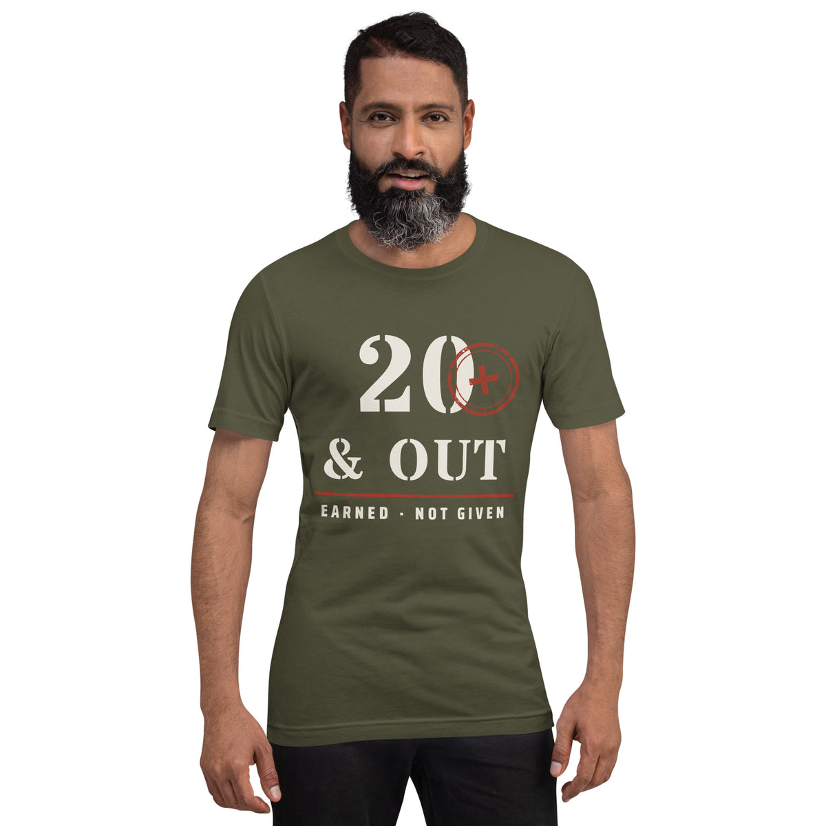 20 Plus & Out T-Shirt in Military Green, front, Twenty & Out
