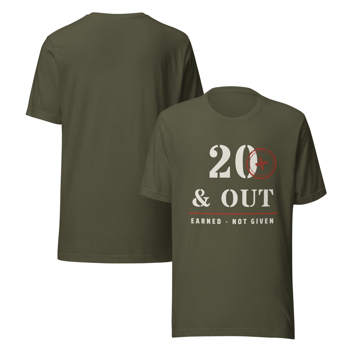 20 Plus & Out T-Shirt in Military Green Front And, back, Twenty & Out