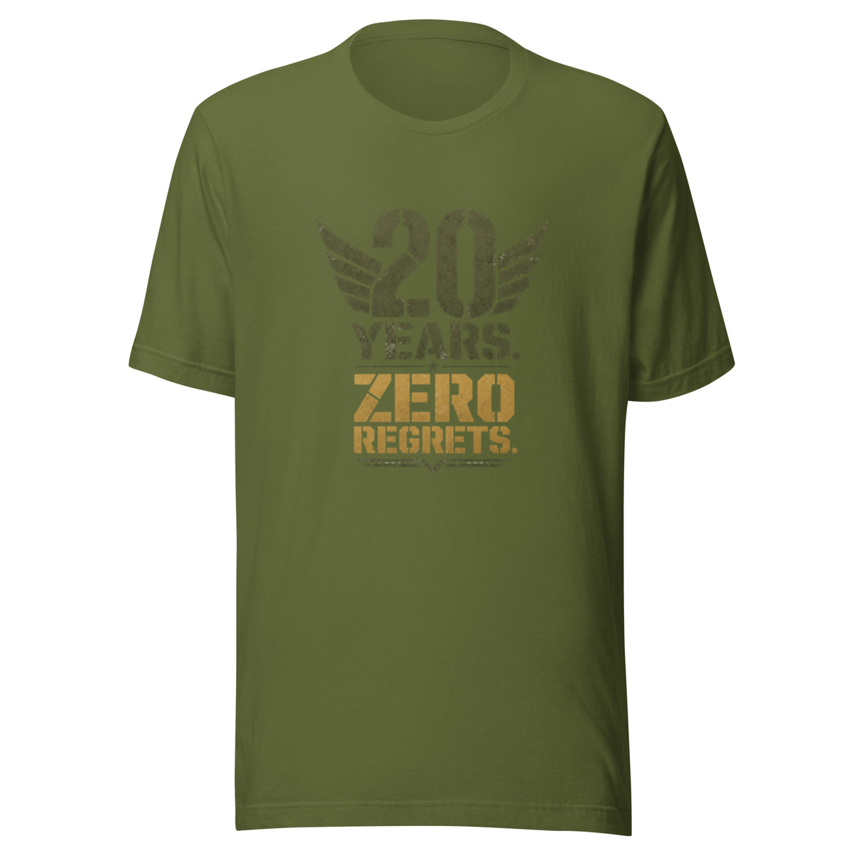 20 Years Zero Regrets T-Shirt in Olive, front, Twenty & Out