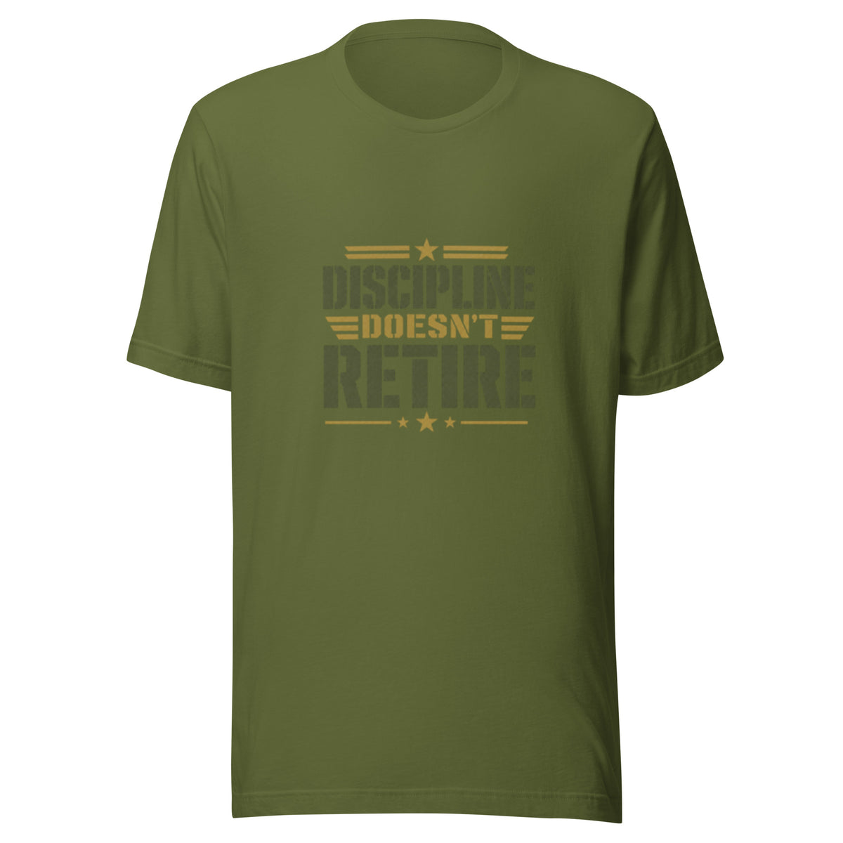 Discipline Doesn't Retire T-Shirt in Olive, front, Twenty & Out