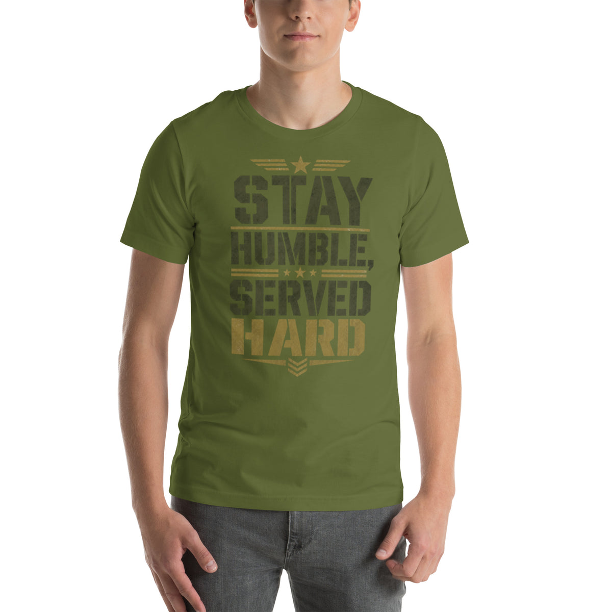 Stay Humble, Serve Hard T-Shirt in Olive, front, Twenty & Out