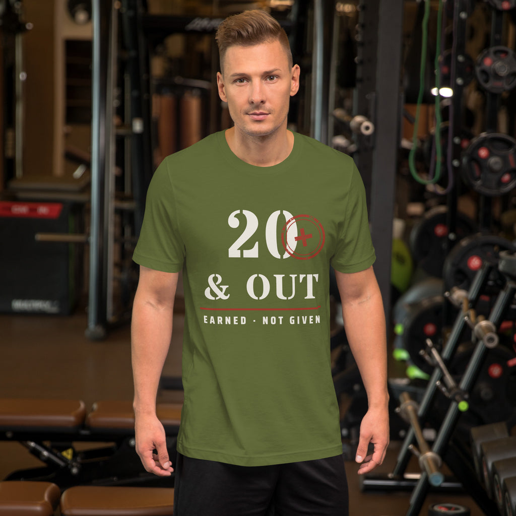 20 Plus & Out T-Shirt in Olive, front, Twenty & Out