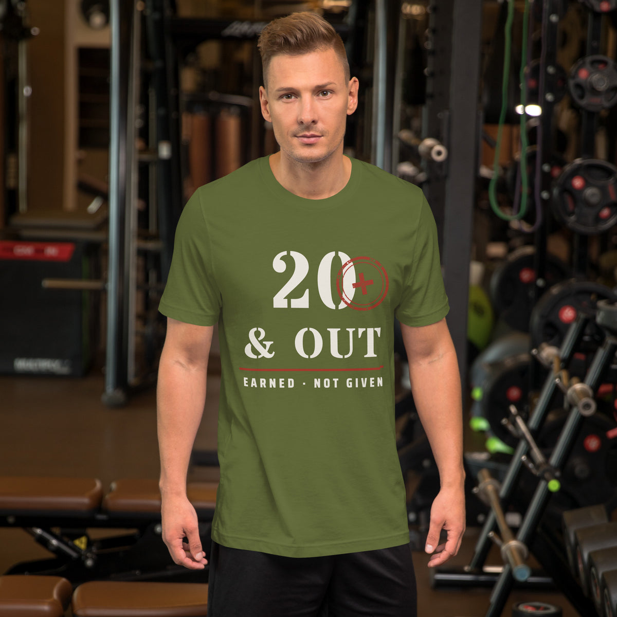 20 Plus & Out T-Shirt in Olive, front, Twenty & Out