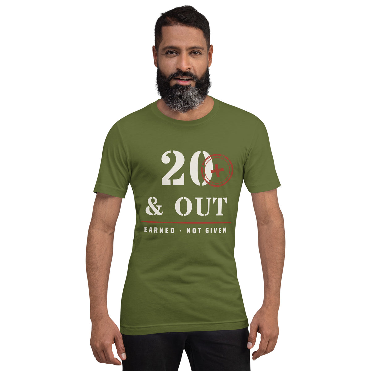 20 Plus & Out T-Shirt in Olive, front, Twenty & Out