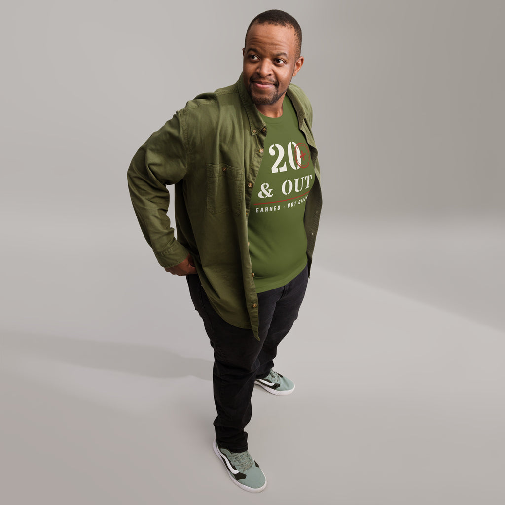 20 Plus & Out T-Shirt in Olive, front, Twenty & Out