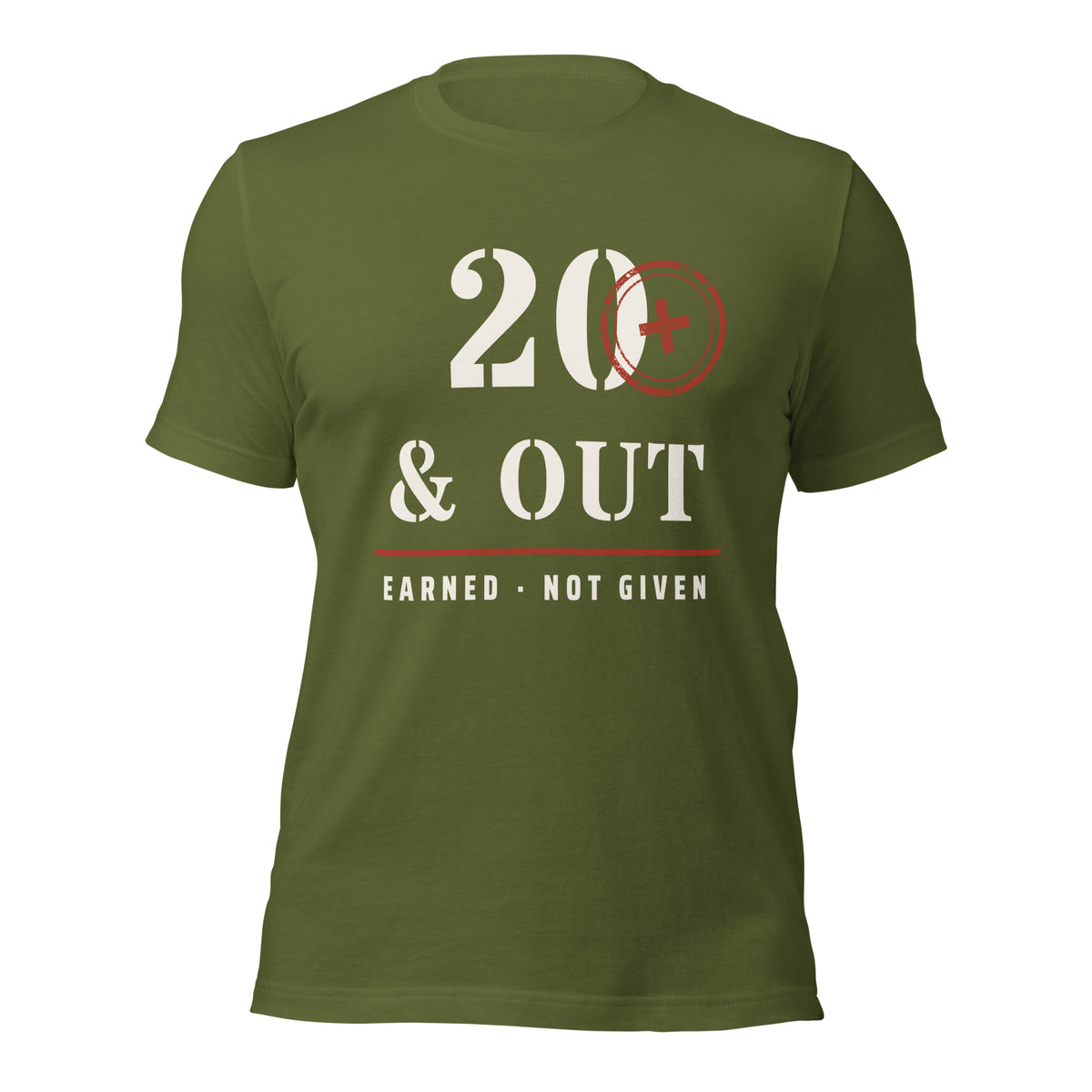 20 Plus & Out T-Shirt in Olive, front, Twenty & Out