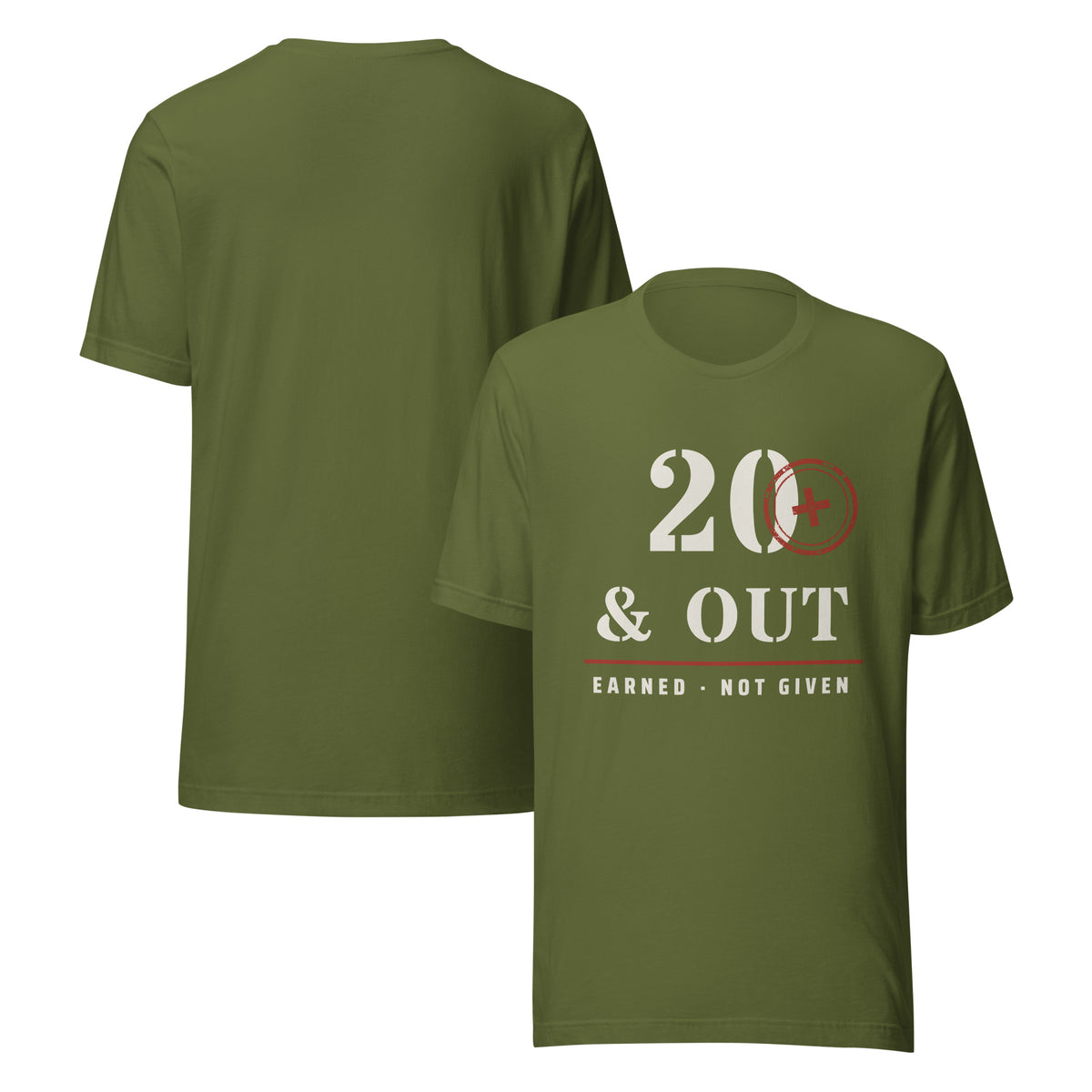 20 Plus & Out T-Shirt in Olive Front And, back, Twenty & Out