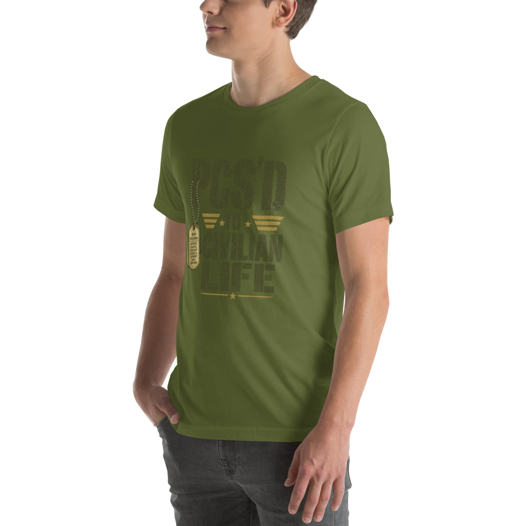 PCS'd to Civilian Life T-Shirt in Olive, left front, Twenty & Out
