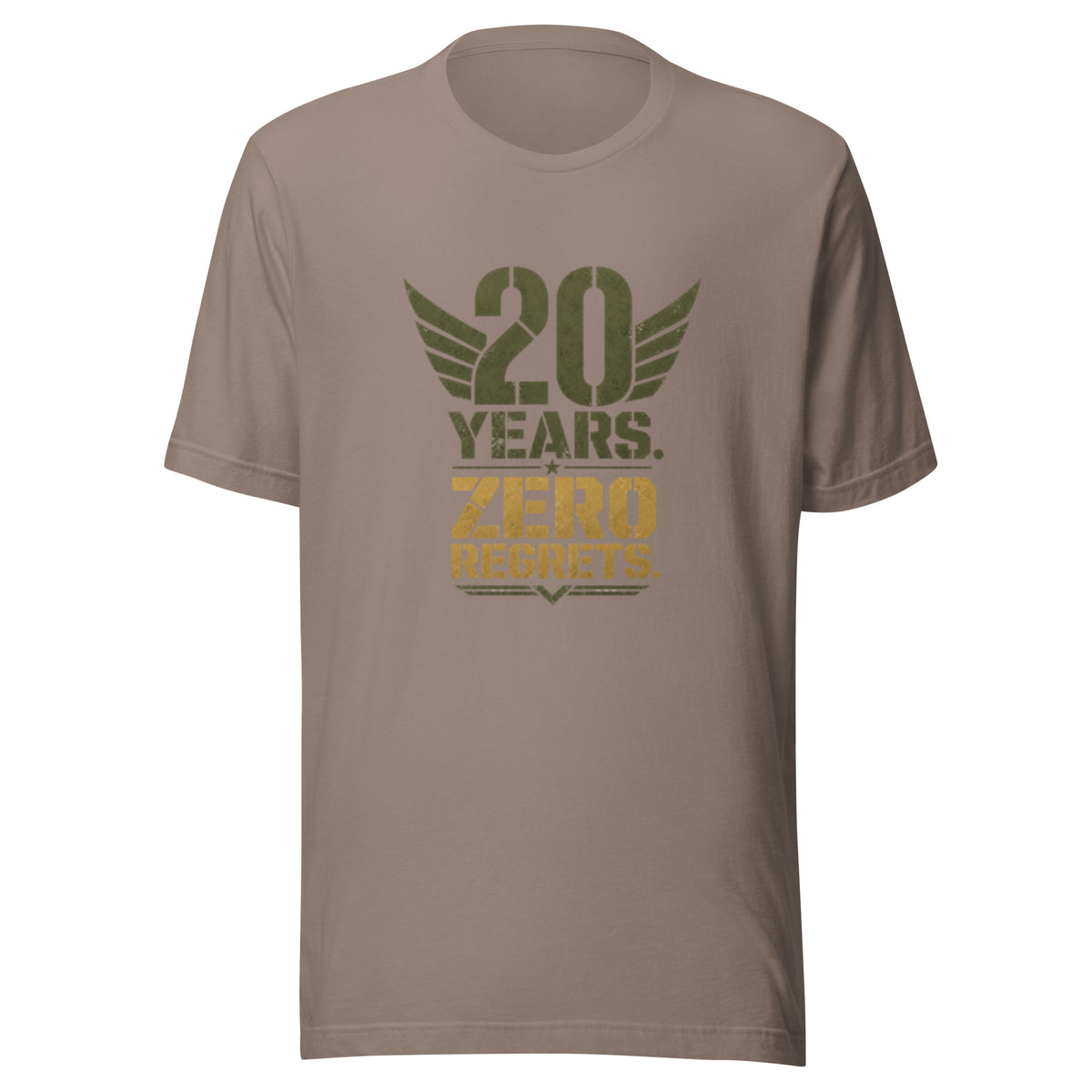 20 Years Zero Regrets T-Shirt in Pebble, front, Twenty & Out