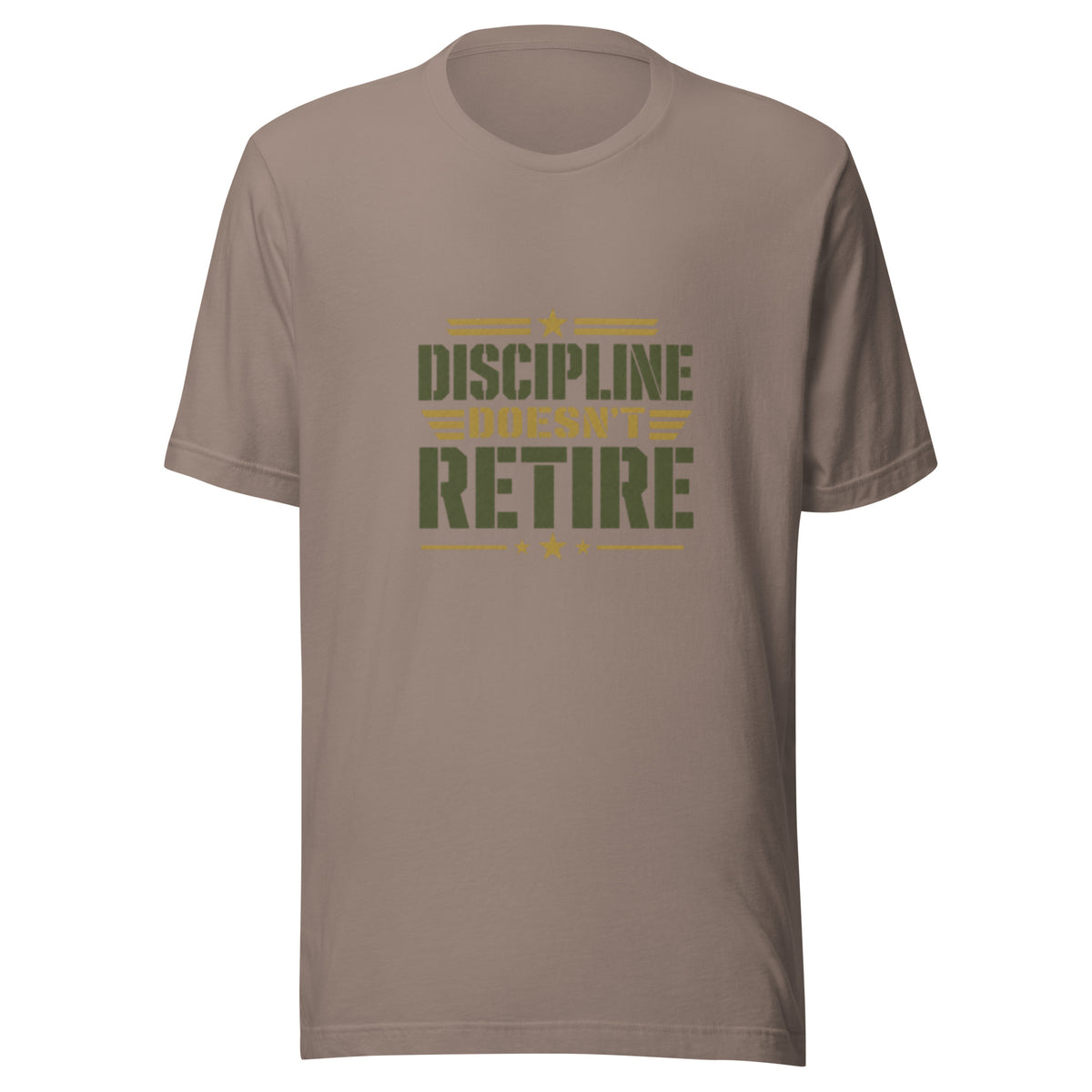 Discipline Doesn't Retire T-Shirt in Pebble, front, Twenty & Out