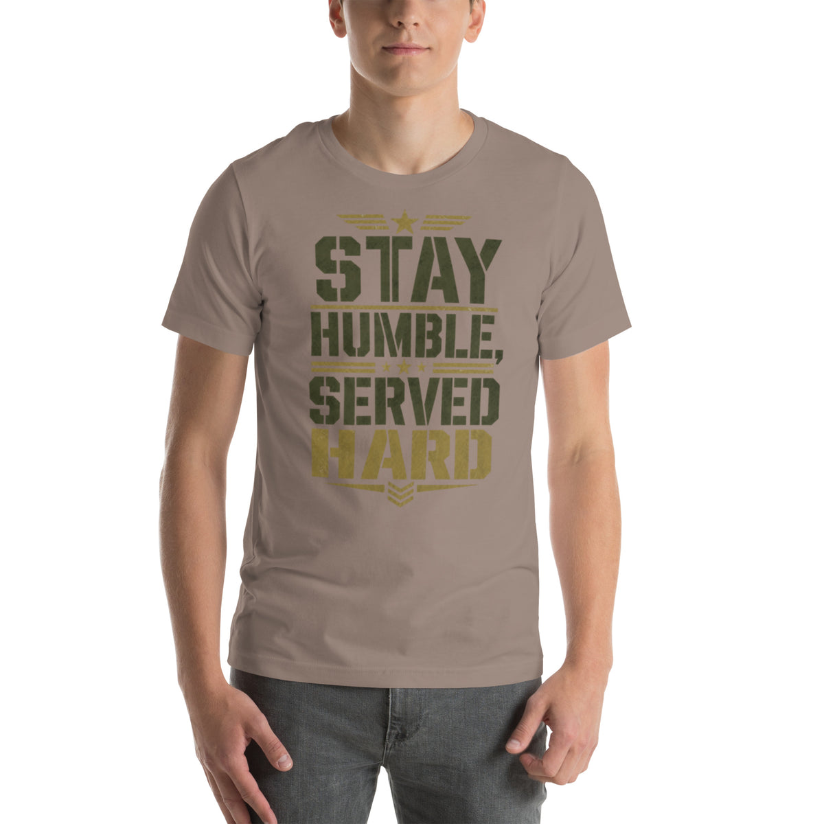 Stay Humble, Serve Hard T-Shirt in Pebble, front, Twenty & Out