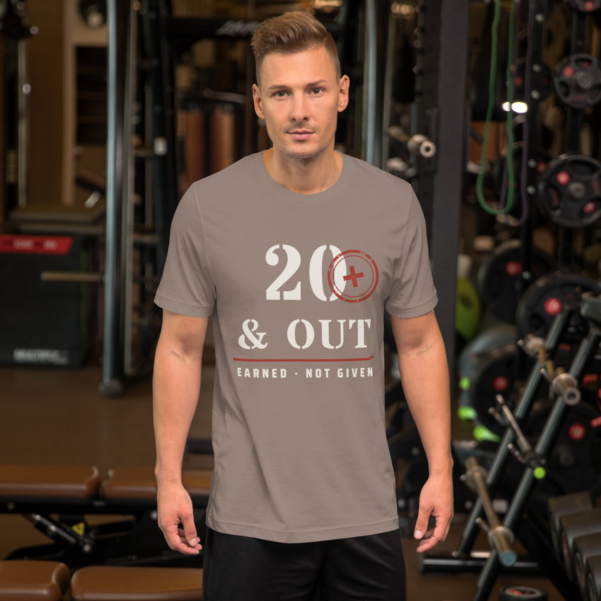 20 Plus & Out T-Shirt in Pebble, front, Twenty & Out