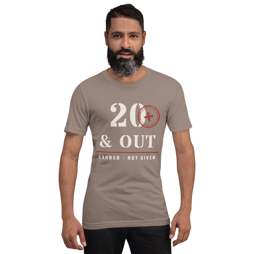 20 Plus & Out T-Shirt in Pebble, front, Twenty & Out