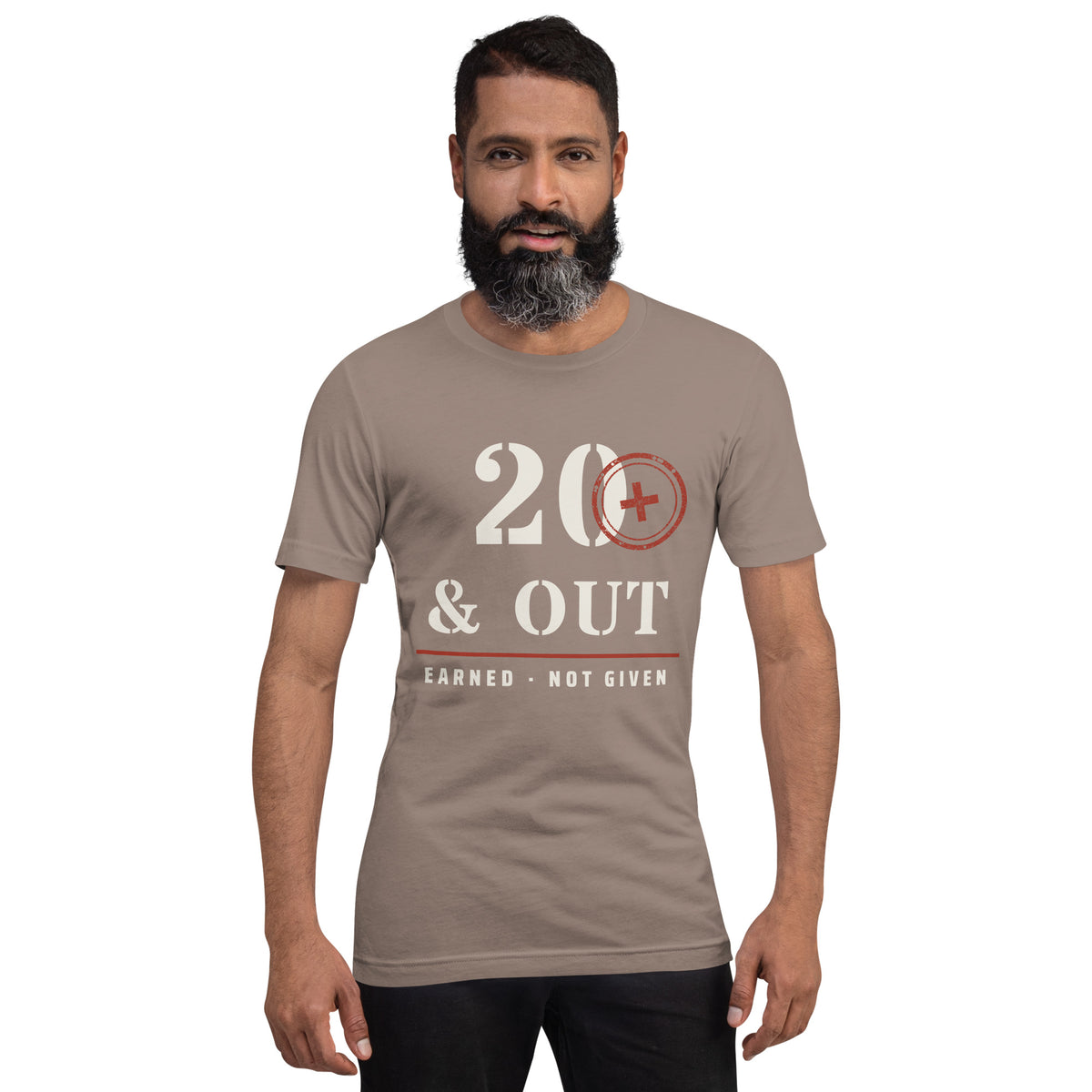 20 Plus & Out T-Shirt in Pebble, front, Twenty & Out