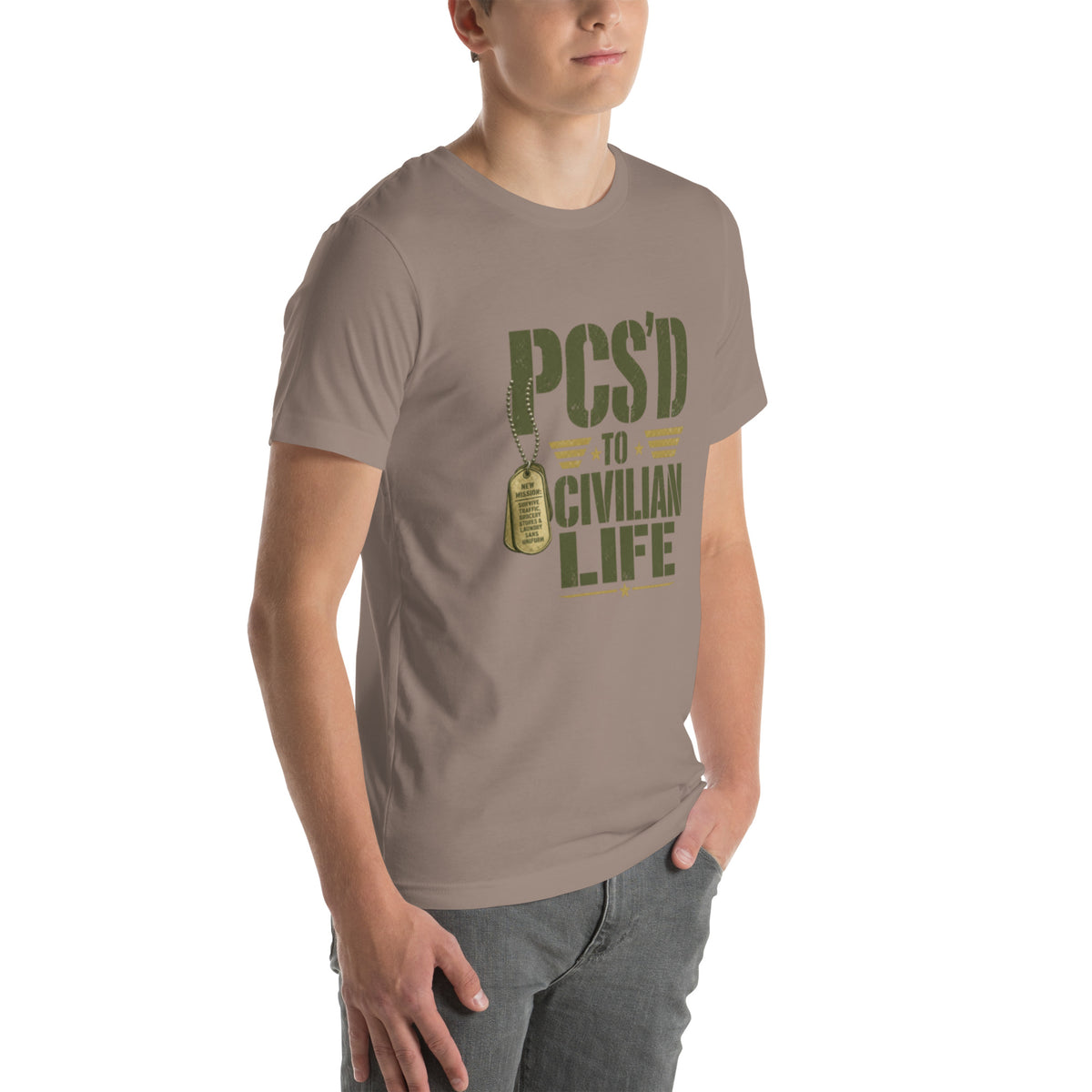 PCS'd to Civilian Life T-Shirt in Pebble, right front, Twenty & Out