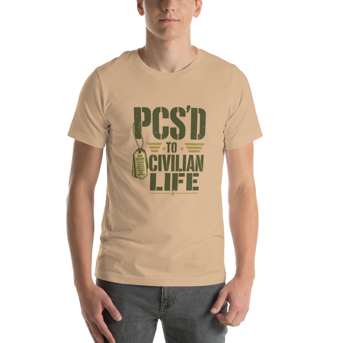 PCS'd to Civilian Life T-Shirt in Tan, front, Twenty & Out