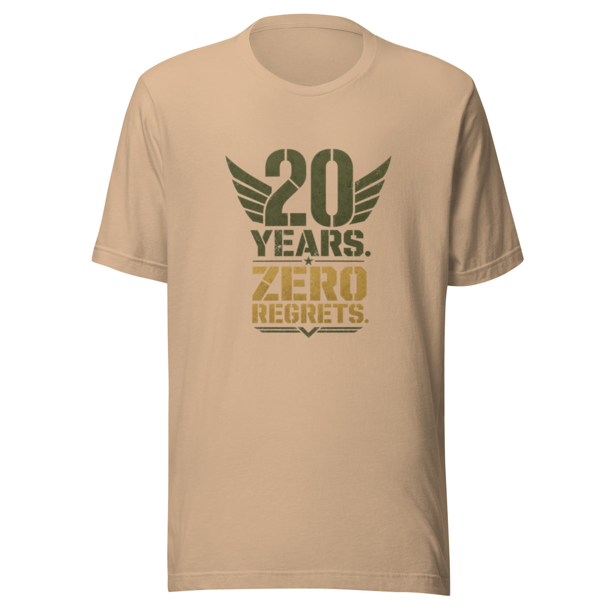 20 Years Zero Regrets T-Shirt in Tan, front, Twenty & Out