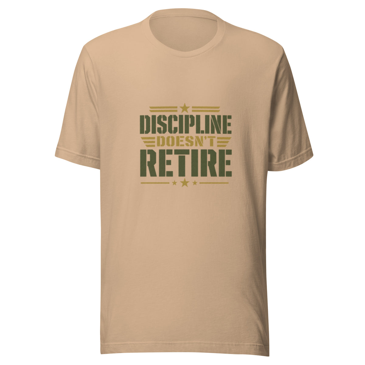 Discipline Doesn't Retire T-Shirt in Tan, front, Twenty & Out