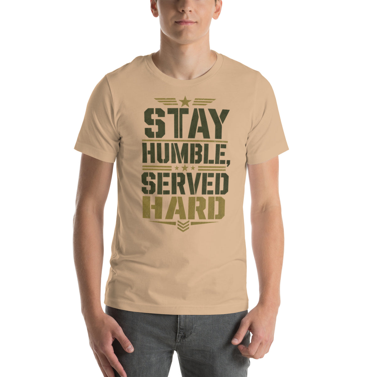 Stay Humble, Serve Hard T-Shirt in Tan, front, Twenty & Out