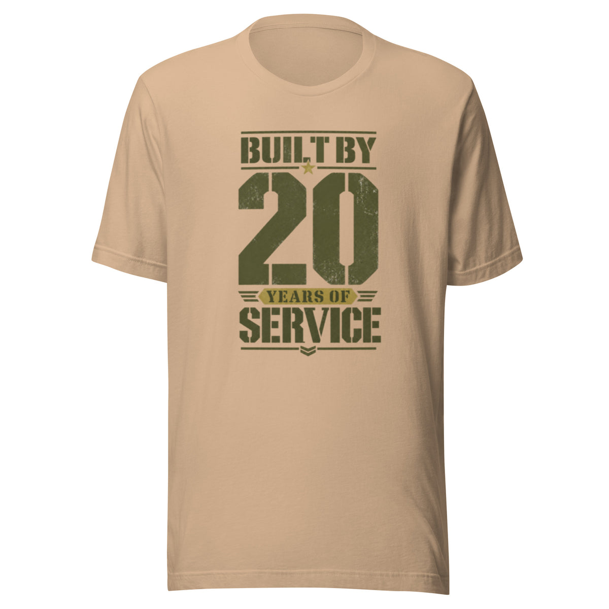 Built By 20 Years of Service T-Shirt in Tan, front, Twenty & Out