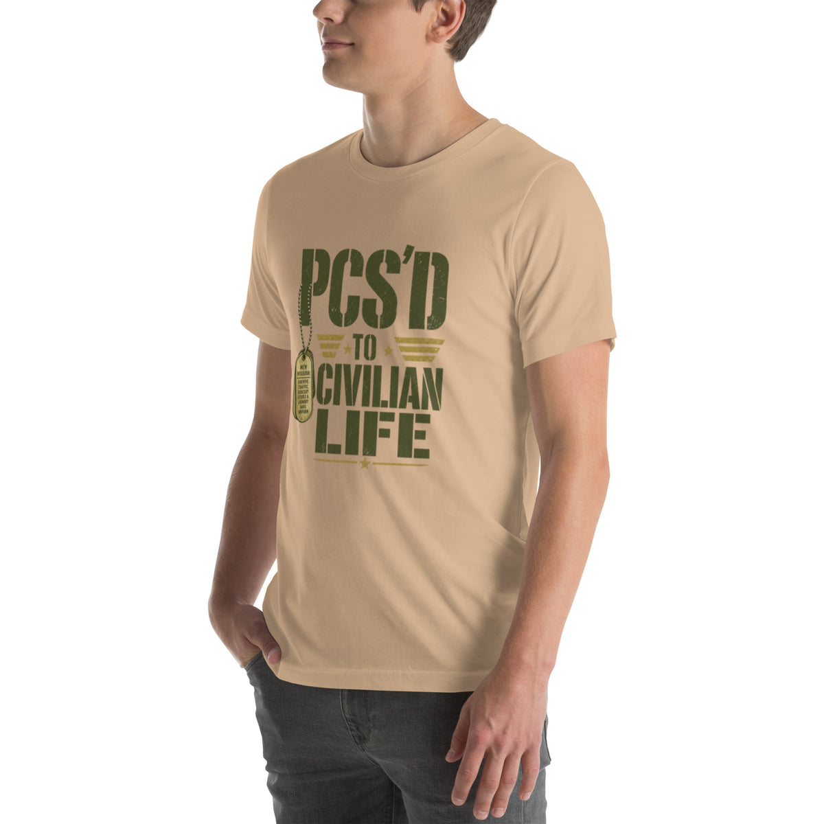 PCS'd to Civilian Life T-Shirt in Tan, left front, Twenty & Out