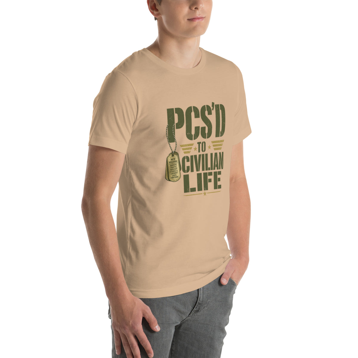 PCS'd to Civilian Life T-Shirt in Tan, right front, Twenty & Out
