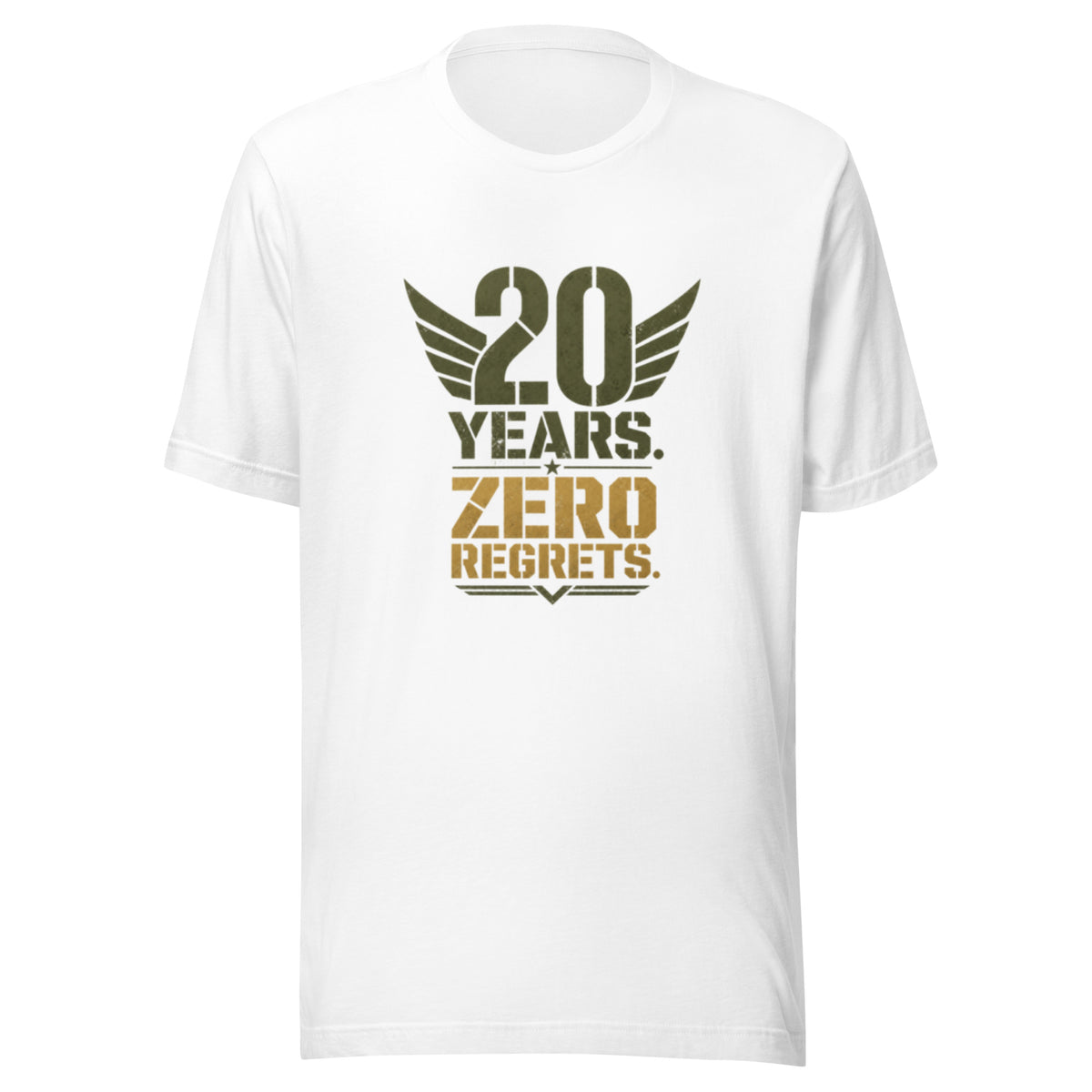 20 Years Zero Regrets T-Shirt in White, front, Twenty & Out