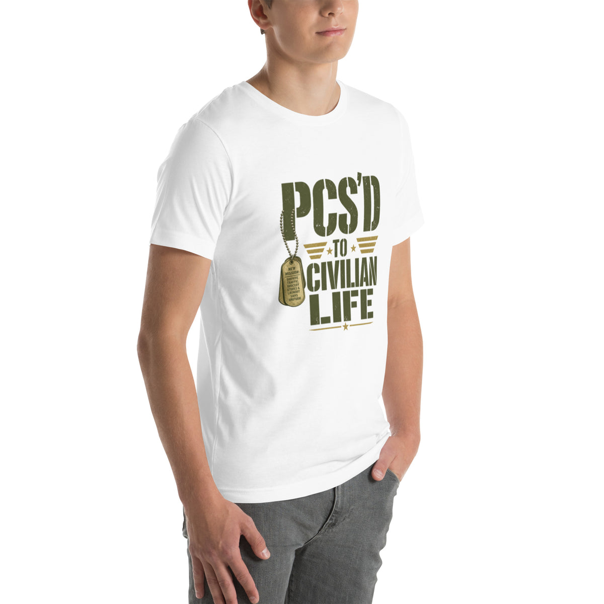 PCS'd to Civilian Life T-Shirt in White, right front, Twenty & Out
