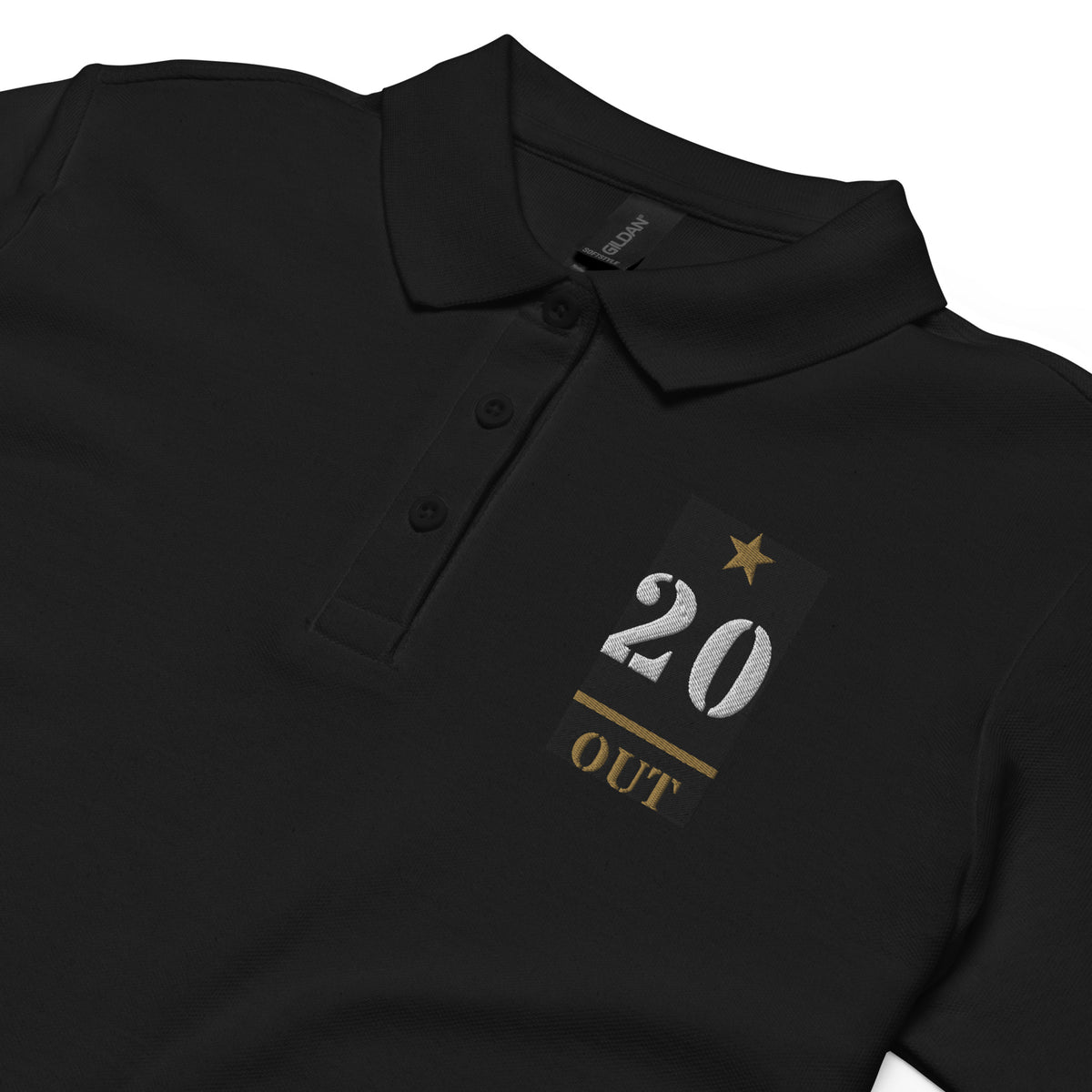20 Plus & Out Women's Polo, Dark in Black, detail, Twenty & Out