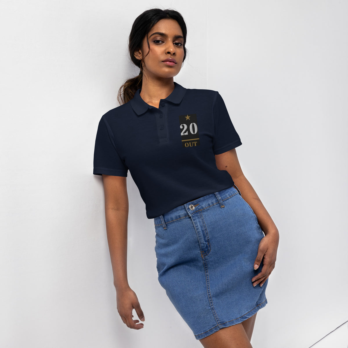 20 Plus & Out Women's Polo, Dark in Navy, front, Twenty & Out