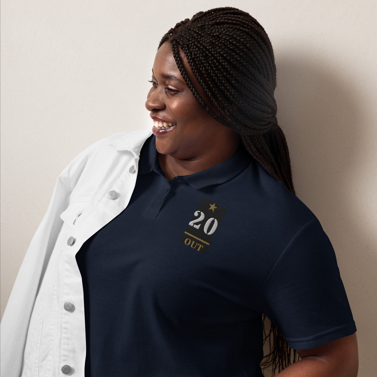 20 Plus & Out Women's Polo, Dark in Navy, front, Twenty & Out